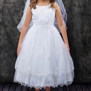 Kid’s Dream Lace Trim Long Tulle Dress Flower Girl White Size 5/6